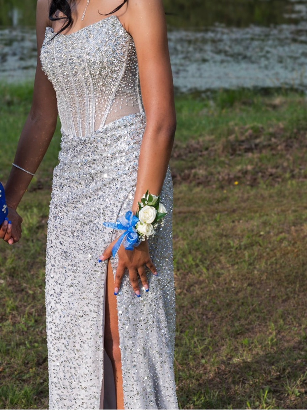 Strapless Beaded Silver Sequin Evening Gown with Thigh Slit